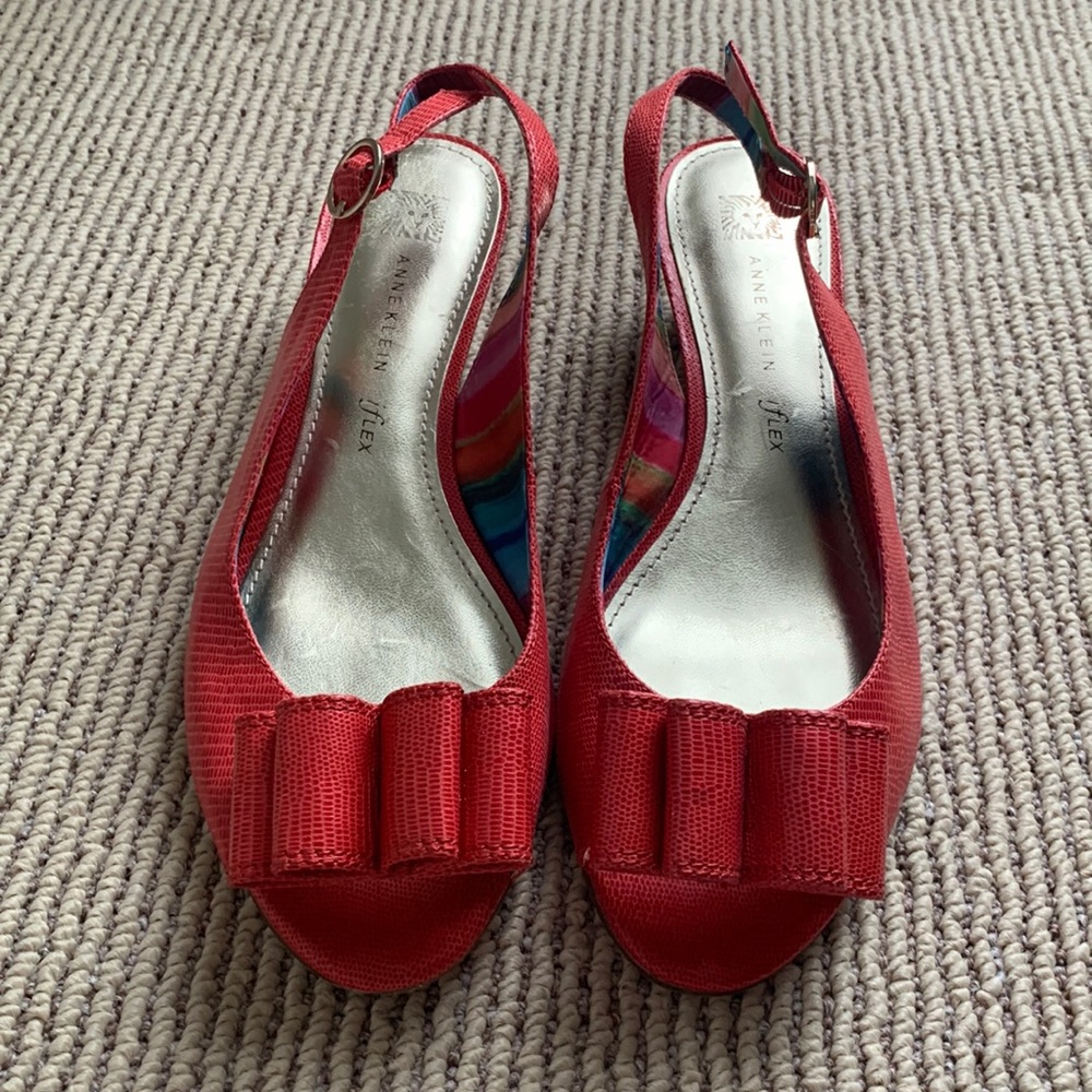 Anne Klein iFlex Pink Slingback Peep Toe Cork Wedge Heel & Bow Detail